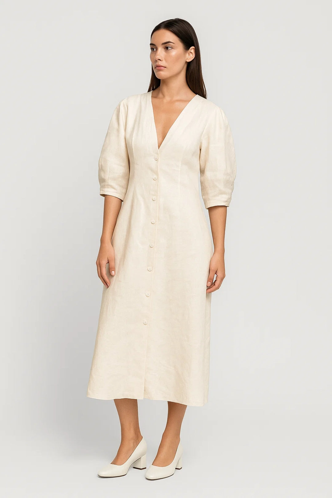 Midi Jurk met Knoopsluiting en V-hals Dames - Crème - Maelen