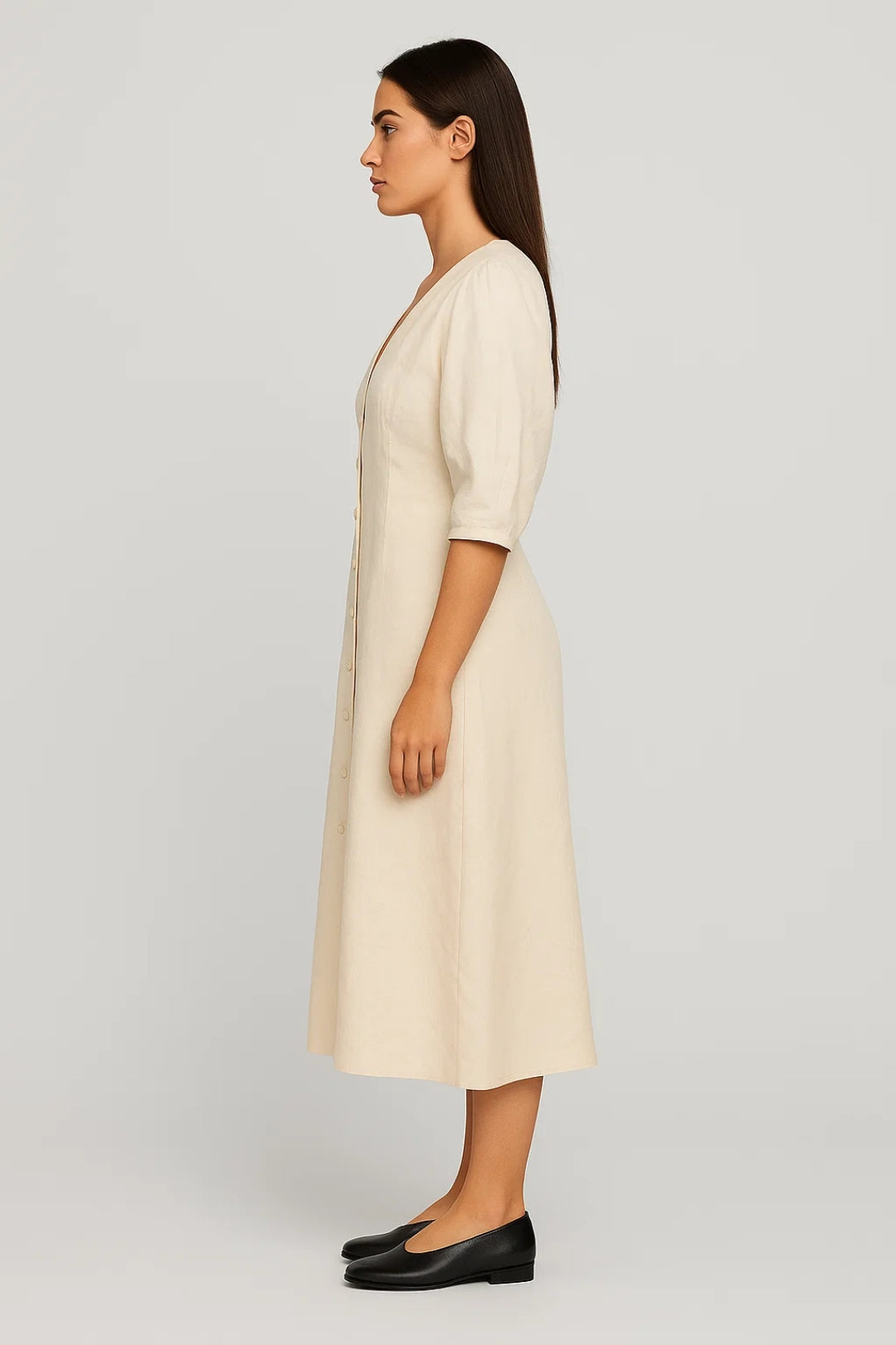 Midi Jurk met Knoopsluiting en V-hals Dames - Crème - Maelen