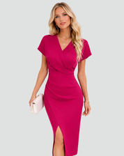 Midi-jurk met Overslaghalslijn en Split, Wikkeljurk Dames - Zwart/Bourgondië/Roze