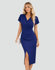 Midi-jurk met Overslaghalslijn en Split, Wikkeljurk Dames - Zwart/Bourgondië/Roze