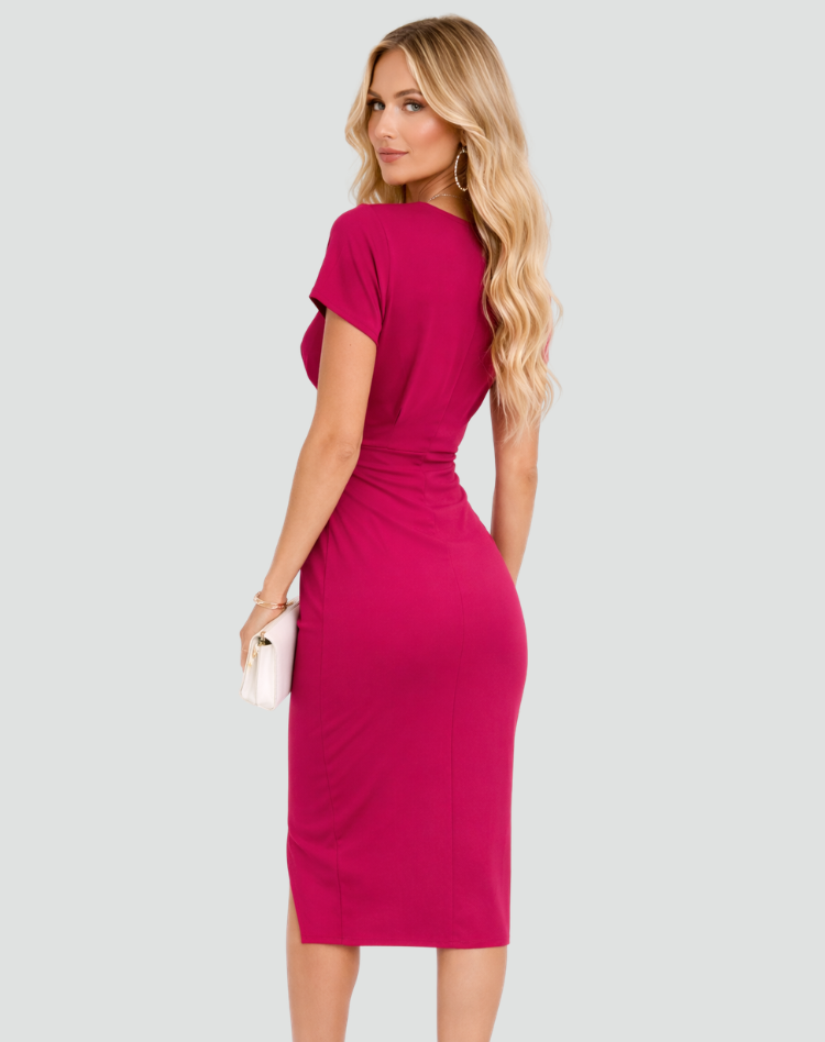 Midi-jurk met Overslaghalslijn en Split, Wikkeljurk Dames - Zwart/Bourgondië/Roze