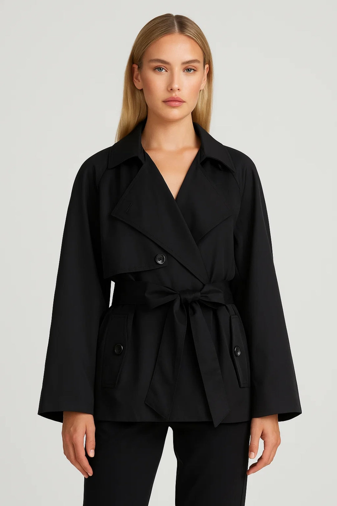 Dames Trenchcoat Kort Tailleband Klassieke Details - Bruin / Zwart - Maelen