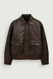 Vintage Leren Damesjas met Kraag en Knoopsluiting - Donkerbruin - Maelen