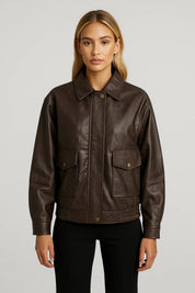 Vintage Leren Damesjas met Kraag en Knoopsluiting - Donkerbruin - Maelen