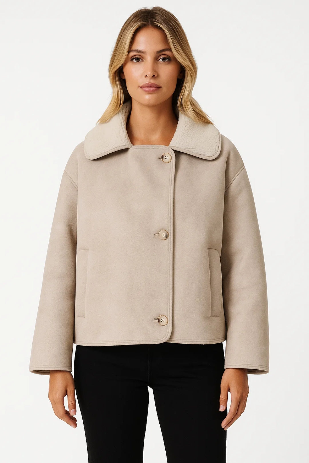 Korte Damesjas met Brede Kraag en Knoopsluiting - Beige - Maelen