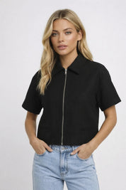 Dames Overhemd Korte Mouwen Ritssluiting Minimalistisch - Zwart / Geel - Maelen