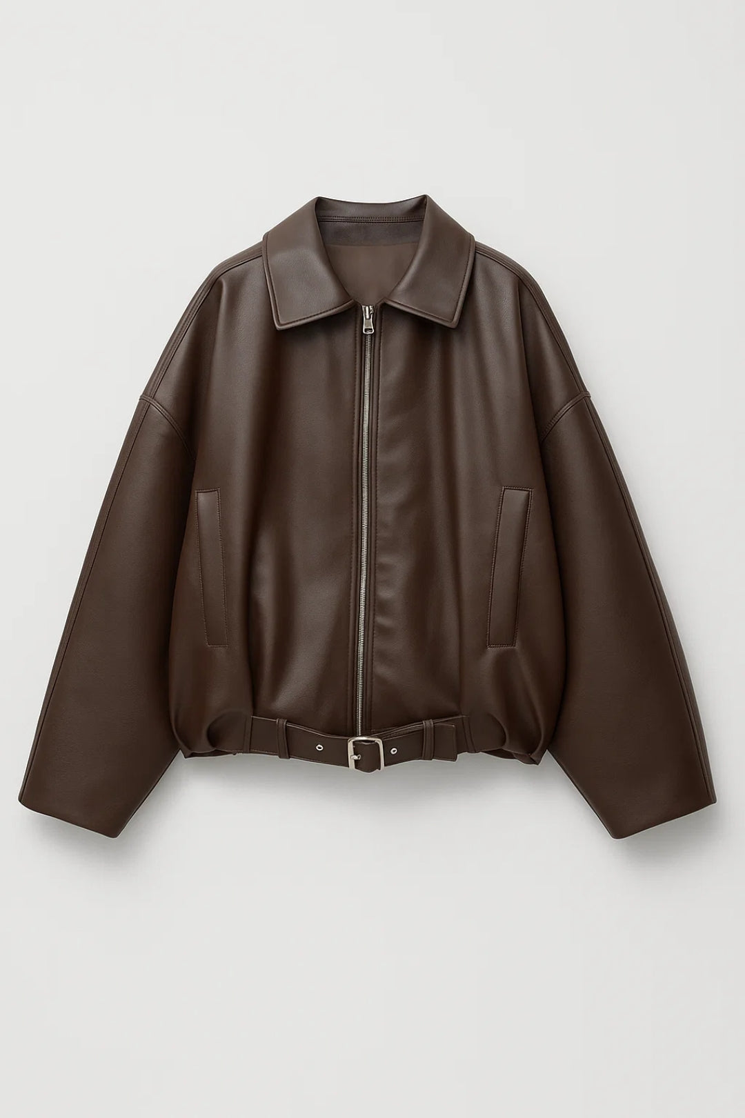 Dames Leren Look Jas Oversized Ritssluiting Stoer - Donkerbruin / Zwart - Maelen