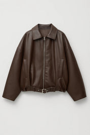 Dames Leren Look Jas Oversized Ritssluiting Stoer - Donkerbruin / Zwart - Maelen