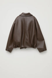 Dames Leren Look Jas Oversized Ritssluiting Stoer - Donkerbruin / Zwart - Maelen