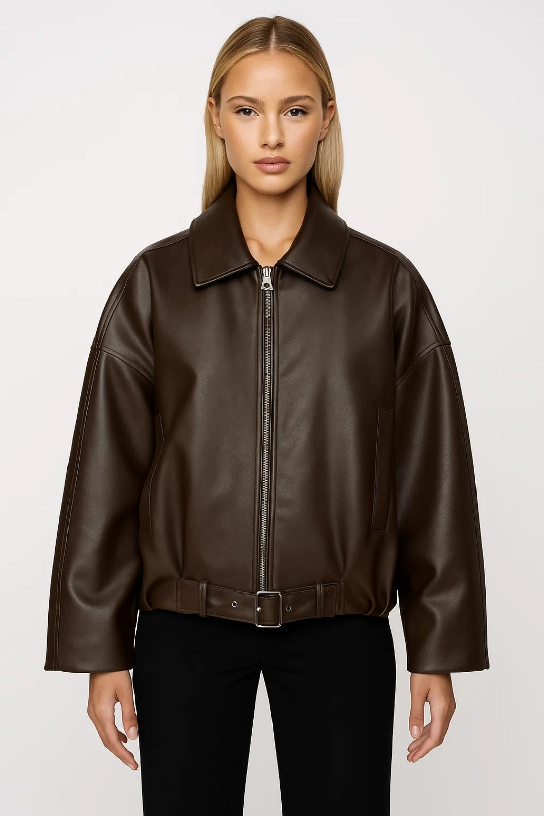 Dames Leren Look Jas Oversized Ritssluiting Stoer - Donkerbruin / Zwart - Maelen