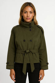 Dames Trenchjas Kort Hoge Kraag Tailleband Windproof - Legergroen / Bordeaux - Maelen