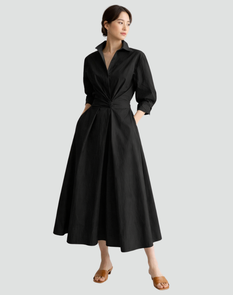 Maxi Zomerjurk Dames Oversize met Ceintuur, Zakken en Overhemdkraag - Zwart/Beige/Groen