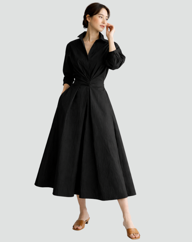 Maxi Zomerjurk Dames Oversize met Ceintuur, Zakken en Overhemdkraag - Zwart/Beige/Groen
