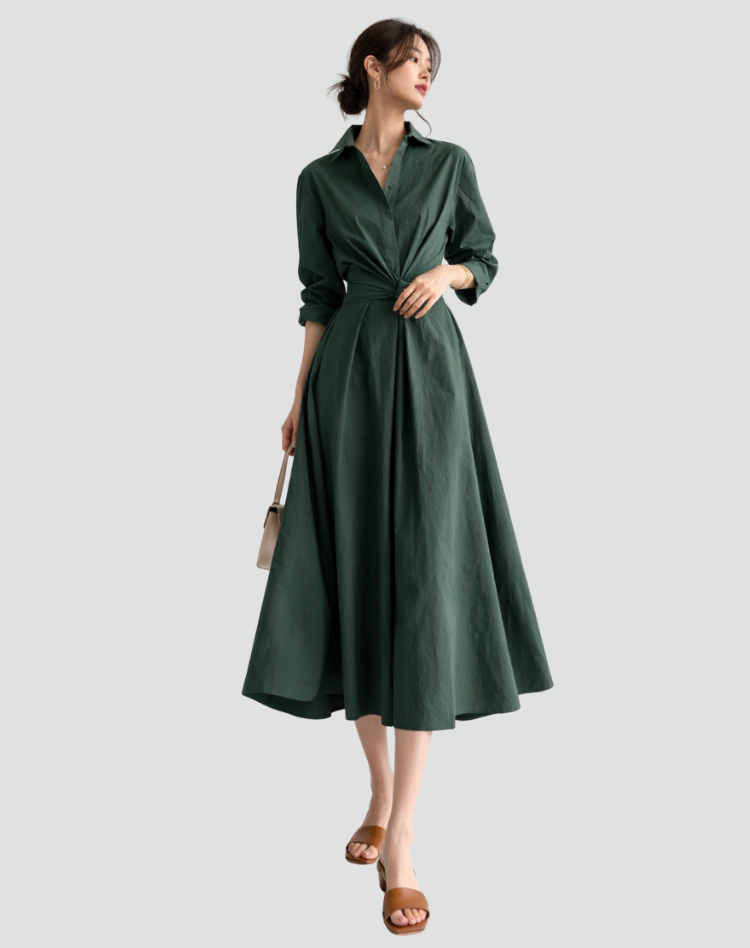 Maxi Zomerjurk Dames Oversize met Ceintuur, Zakken en Overhemdkraag - Zwart/Beige/Groen
