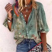 Dames Printed Blouse Knoopsluiting Halflange Mouwen Loszittend - Groen / Roze / Rood - Maelen