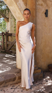 Bianca Maxi Jurk | One-Shoulder Avondjurk met Geplooide Taille en Elegante Zijsplit