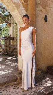 Bianca Maxi Jurk | One-Shoulder Avondjurk met Geplooide Taille en Elegante Zijsplit