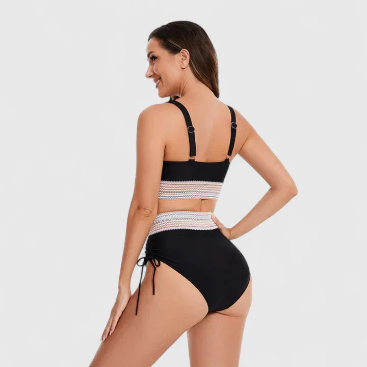 High Waist Bikini Set Dames met Diepe V-hals, Kruisende Bandjes en Kleurblok Design - Valentina Costa
