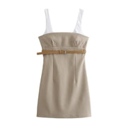 Mini Jurk Dames Mouwloos met Ceintuur en Getailleerde Pasvorm - Khaki - Maelen