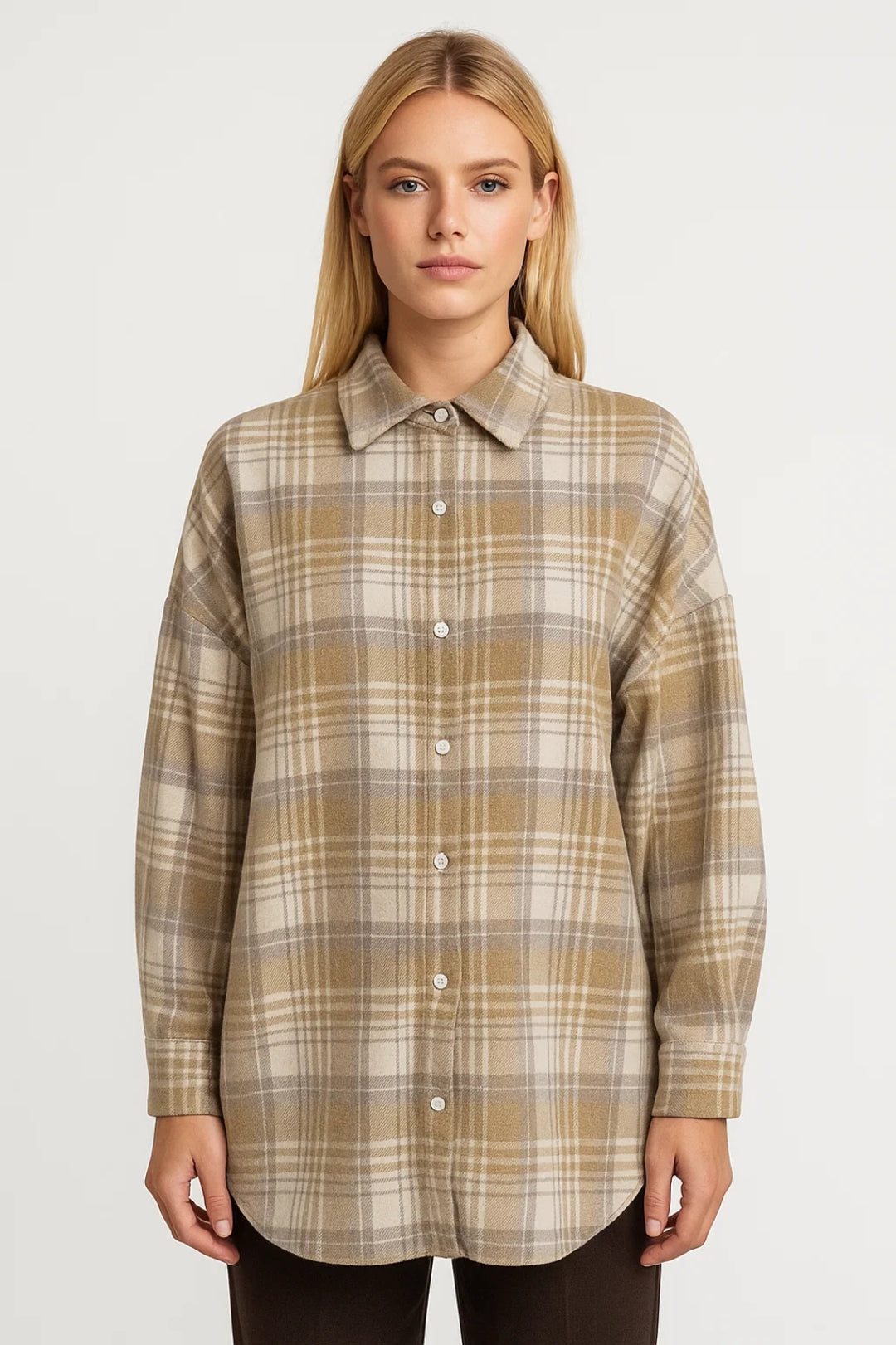 Geruite Oversized Damesblouse met Knoopsluiting - Beige - Maelen