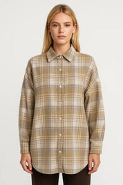 Geruite Oversized Damesblouse met Knoopsluiting - Beige - Maelen