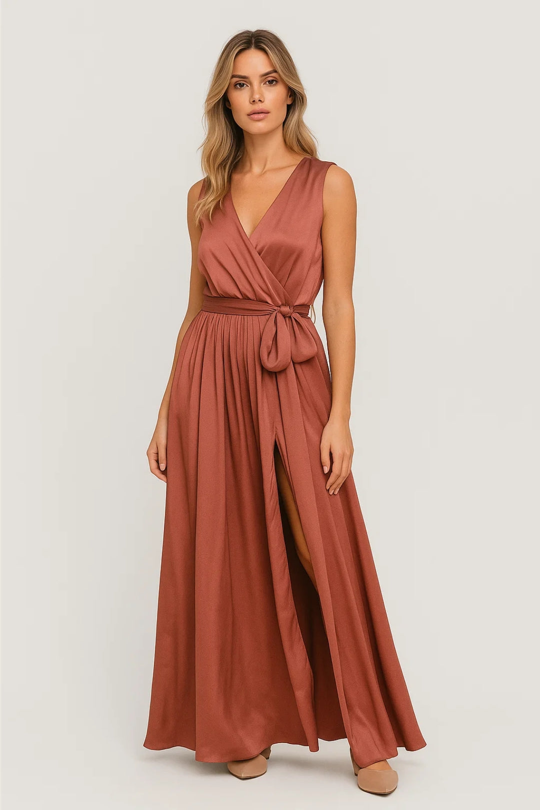 Wikkel Maxi Jurk met Tailleband Dames - Bruin - Maelen
