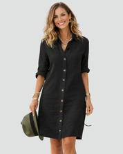 Zomerse Linnen Midi Overhemdjurk voor Dames met Losse Pasvorm en Knoopsluiting - Zwart/Wit/Blauw