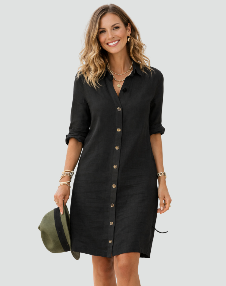Zomerse Linnen Midi Overhemdjurk voor Dames met Losse Pasvorm en Knoopsluiting - Zwart/Wit/Blauw
