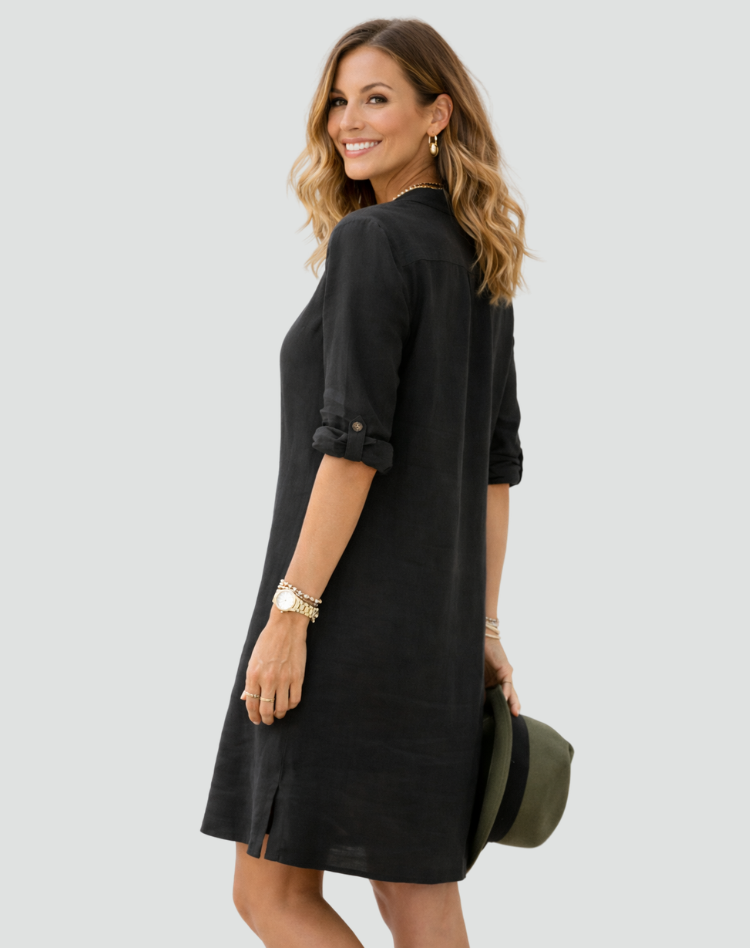 Zomerse Linnen Midi Overhemdjurk voor Dames met Losse Pasvorm en Knoopsluiting - Zwart/Wit/Blauw