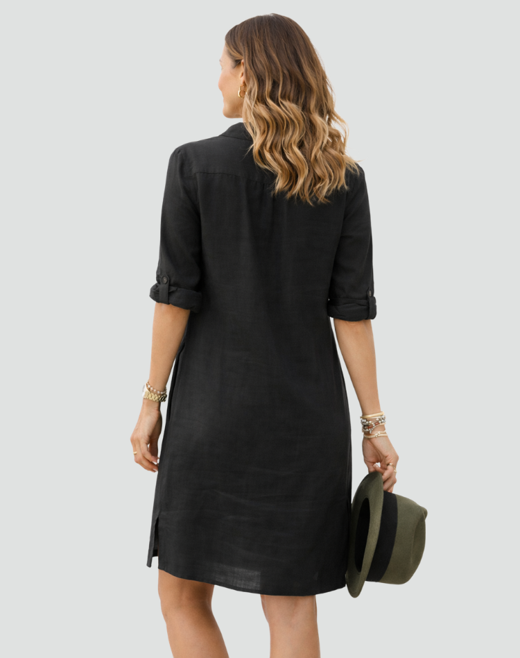 Zomerse Linnen Midi Overhemdjurk voor Dames met Losse Pasvorm en Knoopsluiting - Zwart/Wit/Blauw