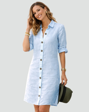 Zomerse Linnen Midi Overhemdjurk voor Dames met Losse Pasvorm en Knoopsluiting - Zwart/Wit/Blauw
