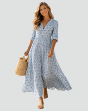 Maxi Zomerjurk in Vintage Stijl met Print voor Dames, V-hals met Knoopsluiting - Blauw/Groen/Roze
