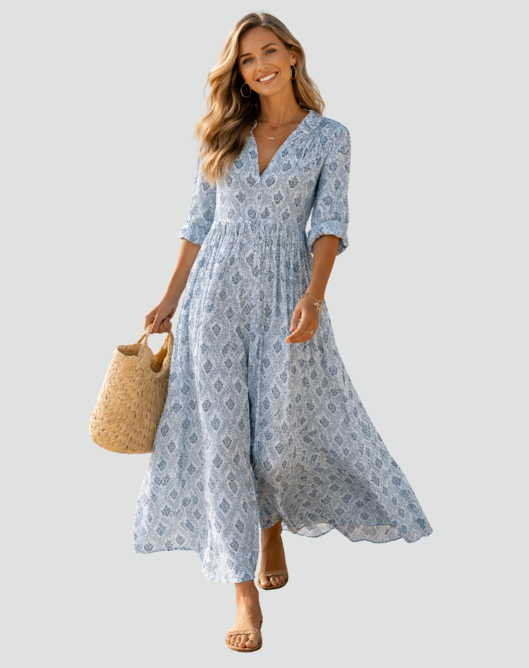 Maxi Zomerjurk in Vintage Stijl met Print voor Dames, V-hals met Knoopsluiting - Blauw/Groen/Roze