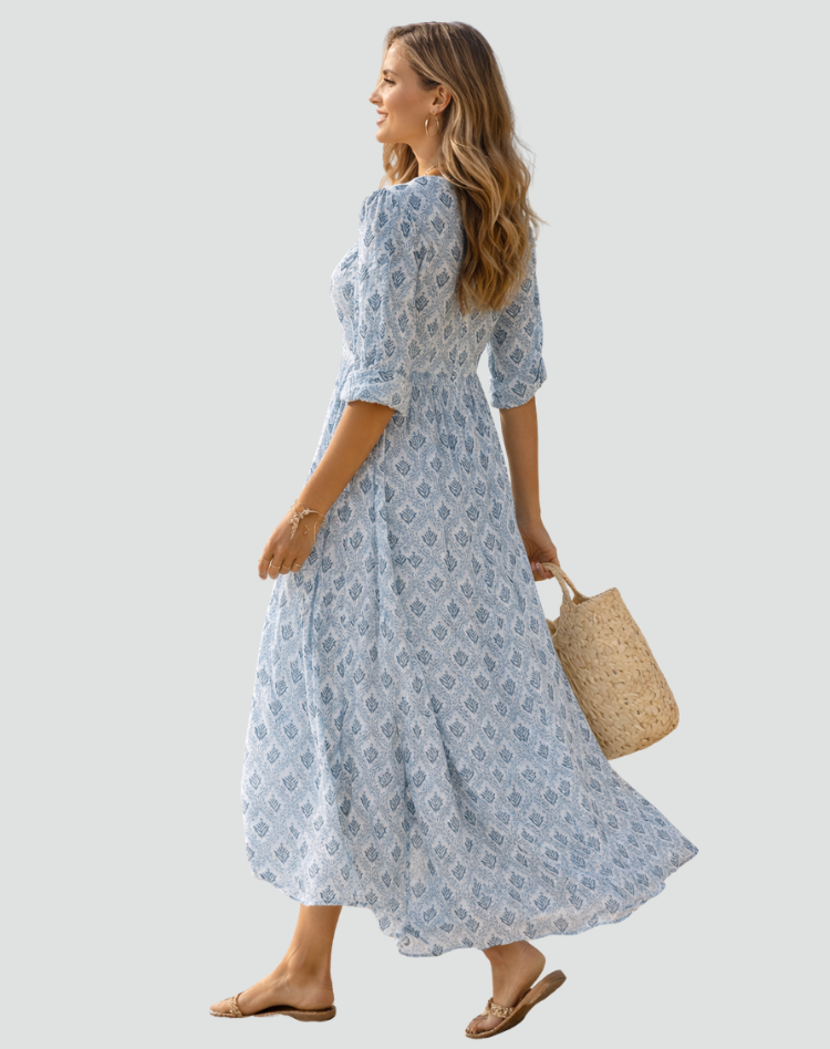 Maxi Zomerjurk in Vintage Stijl met Print voor Dames, V-hals met Knoopsluiting - Blauw/Groen/Roze