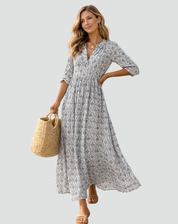Maxi Zomerjurk in Vintage Stijl met Print voor Dames, V-hals met Knoopsluiting - Blauw/Groen/Roze