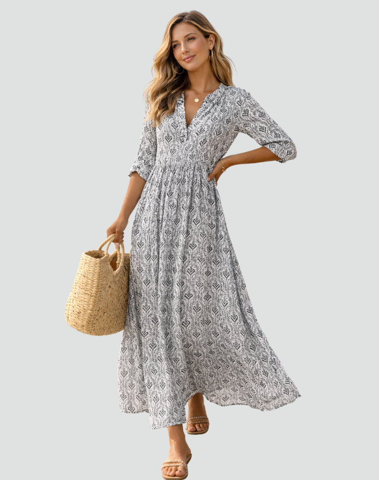 Maxi Zomerjurk in Vintage Stijl met Print voor Dames, V-hals met Knoopsluiting - Blauw/Groen/Roze