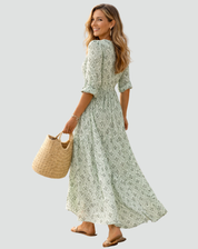 Maxi Zomerjurk in Vintage Stijl met Print voor Dames, V-hals met Knoopsluiting - Blauw/Groen/Roze