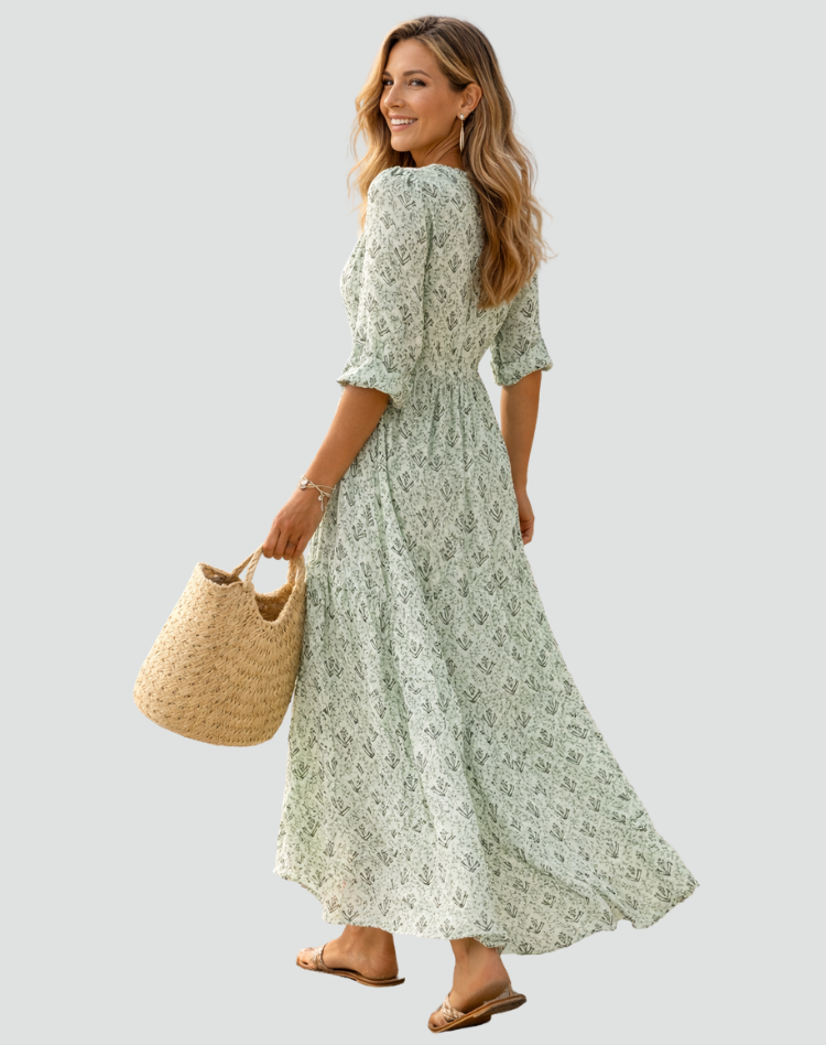Maxi Zomerjurk in Vintage Stijl met Print voor Dames, V-hals met Knoopsluiting - Blauw/Groen/Roze