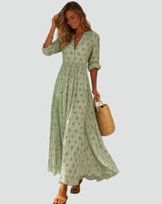 Maxi Zomerjurk in Vintage Stijl met Print voor Dames, V-hals met Knoopsluiting - Blauw/Groen/Roze