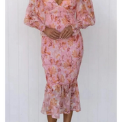 Midi Jurk Dames Bloemenprint met Ruches en Korte Mouwen - Roze / Groen - Maelen