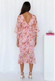 Midi Jurk Dames Bloemenprint met Ruches en Korte Mouwen - Roze / Groen - Maelen