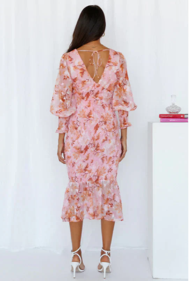 Midi Jurk Dames Bloemenprint met Ruches en Korte Mouwen - Roze / Groen - Maelen