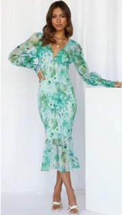 Midi Jurk Dames Bloemenprint met Ruches en Korte Mouwen - Roze / Groen - Maelen