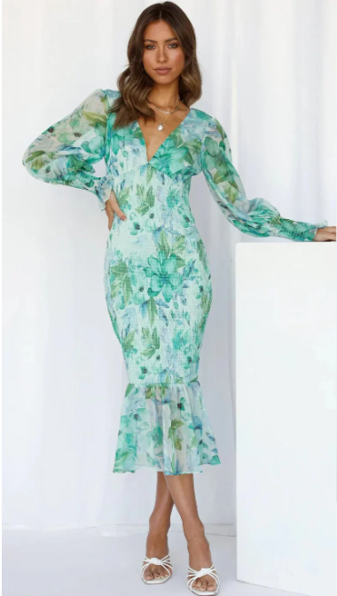 Midi Jurk Dames Bloemenprint met Ruches en Korte Mouwen - Roze / Groen - Maelen