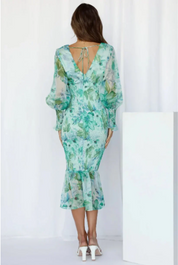 Midi Jurk Dames Bloemenprint met Ruches en Korte Mouwen - Roze / Groen - Maelen