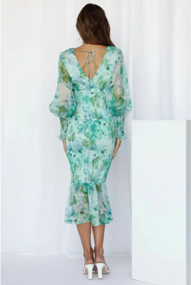 Midi Jurk Dames Bloemenprint met Ruches en Korte Mouwen - Roze / Groen - Maelen