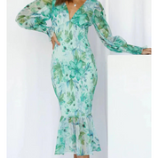 Midi Jurk Dames Bloemenprint met Ruches en Korte Mouwen - Roze / Groen - Maelen