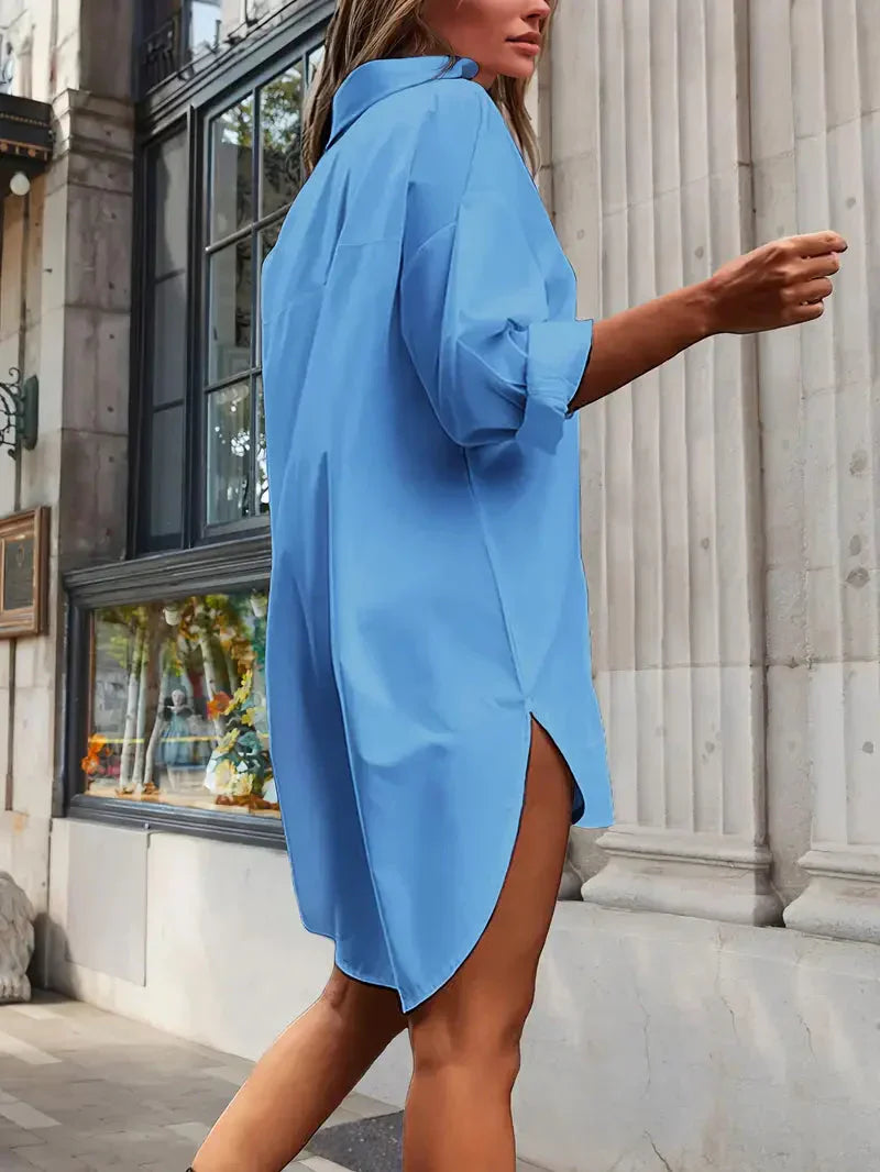 Blousejurk Dames Oversized met Lange Mouwen en Knoopsluiting - Wit / Khaki / Blauw - Maelen