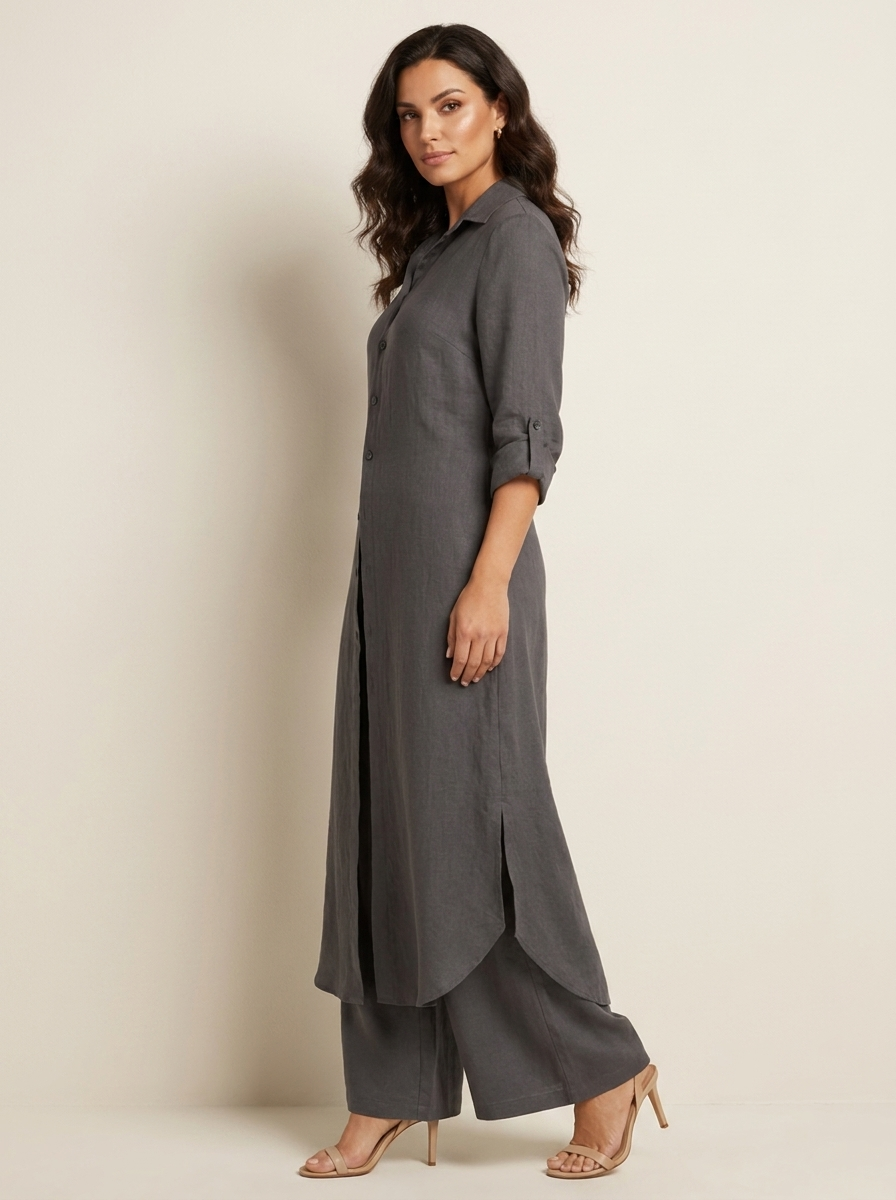Linnen Dames Set met Lange Blouse, Klassieke Kraag en Wijde Broek - Wit/Khaki/Bruin