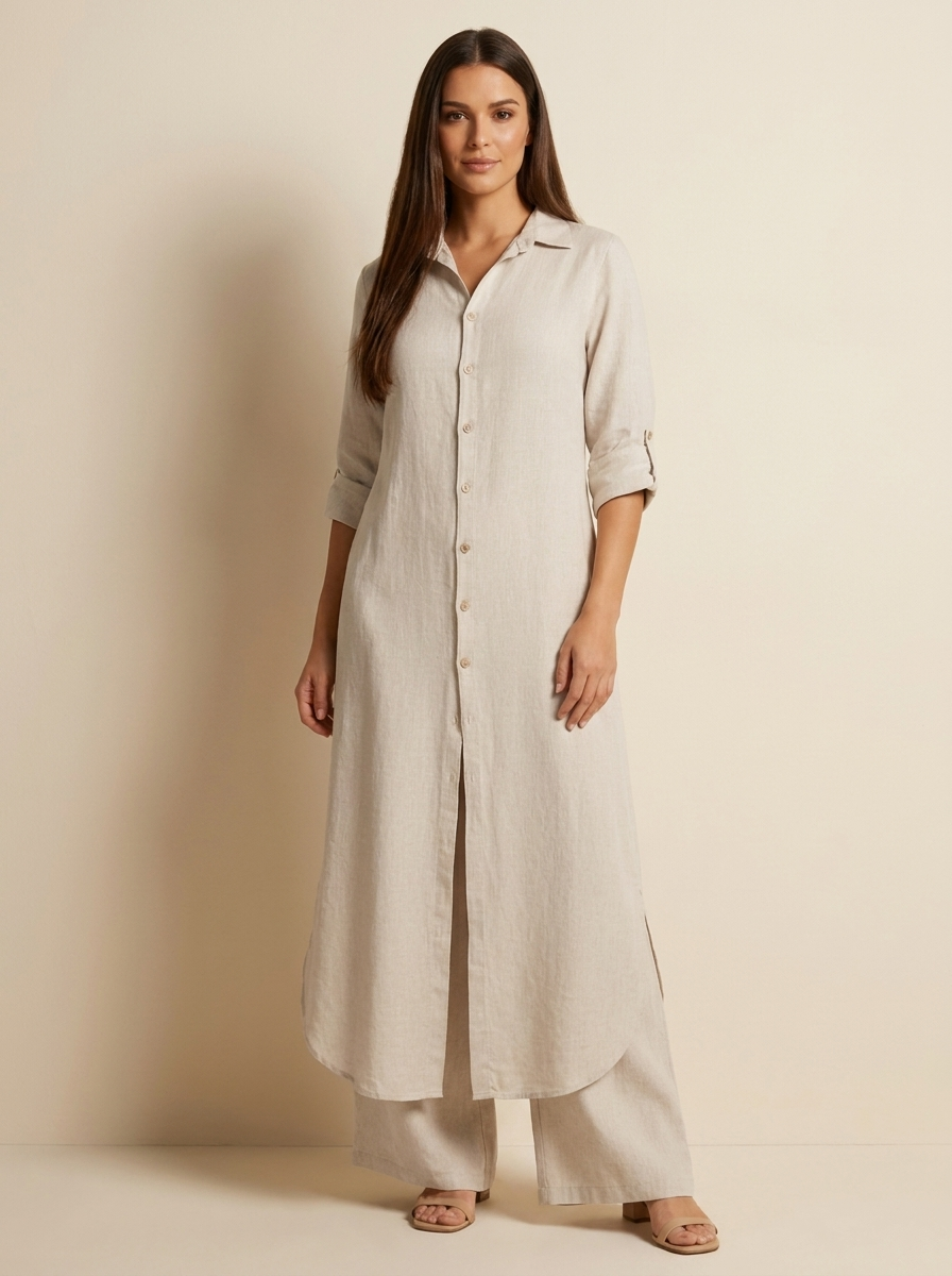 Linnen Dames Set met Lange Blouse, Klassieke Kraag en Wijde Broek - Wit/Khaki/Bruin